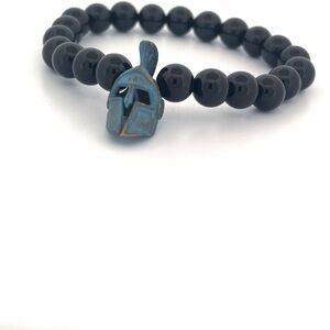 Beaded 8MM Onyx Stone Beads Antique Finish Spartan Head Elastic Bracelet